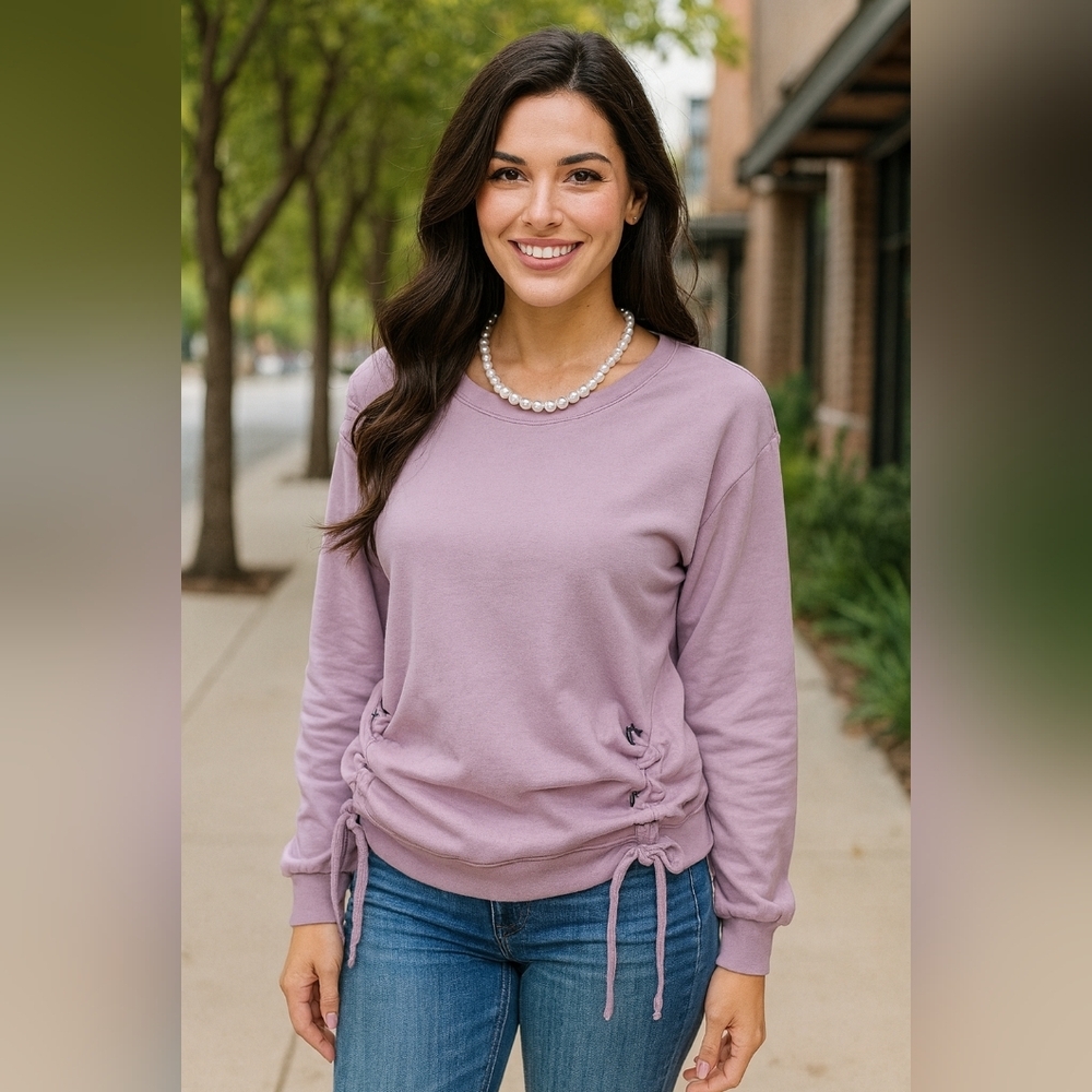 Almost famous Lilac-Gray Side Ruched Long Sleeve Shirt sz S #1010